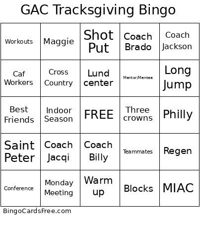 GAC Tracksgiving Bingo Card