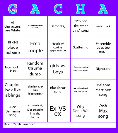 Gacha Life Singing Battle Bingo Card
