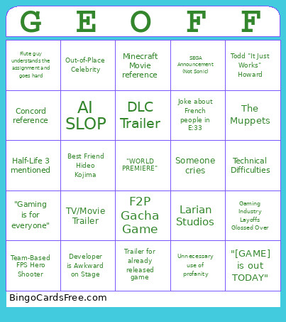 Gaem Awards 2025 Bingo Card