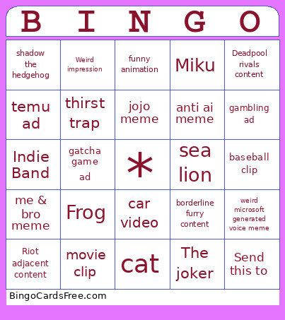 Gage Tiktok Bingo Card
