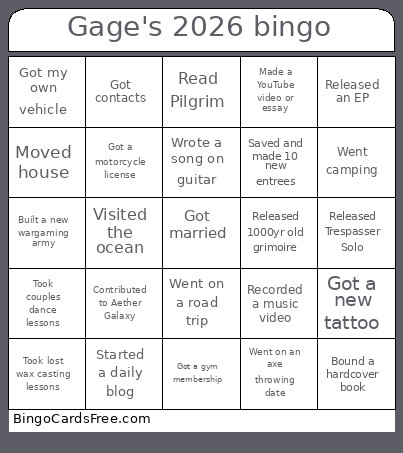 Gage's 2026 Bingo Card