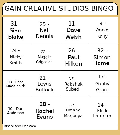 GAIN CREATIVE STUDIOS Bingo Card