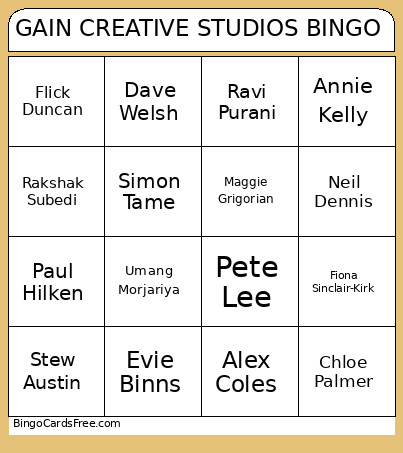 GAIN CREATIVE STUDIOS Bingo Card