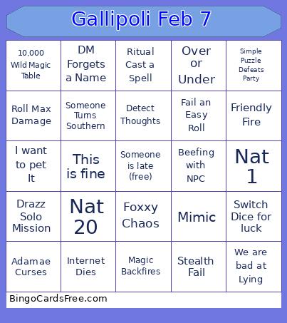 Gallipoli Feb 7 Bingo Card