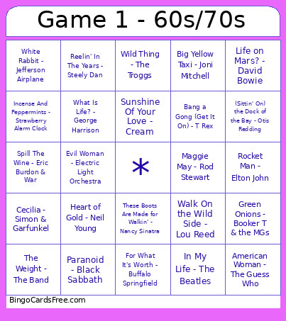 Game 1 - 60s/70s Bingo Card