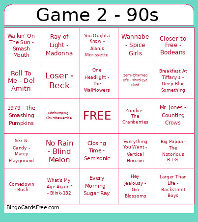 Game 2 - 90s Bingo Card