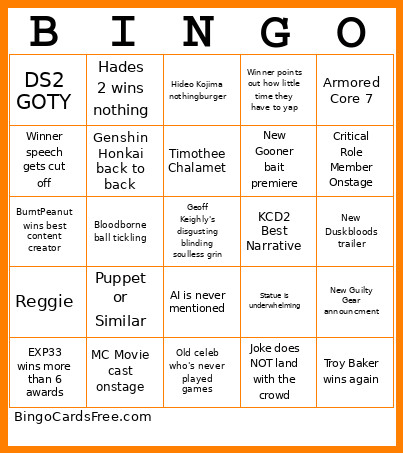 Game Award Bingo Card