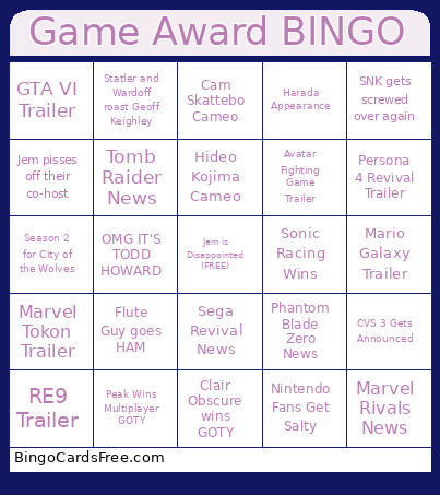 Game Award Bingo Card