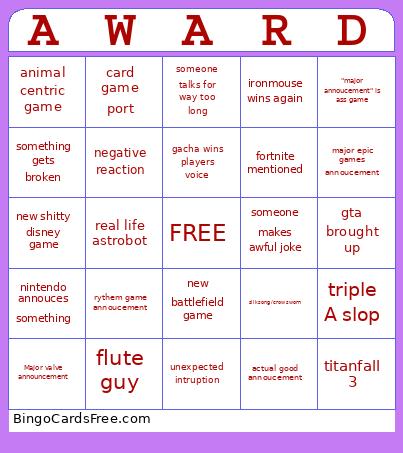 Game Awards Bingo Card