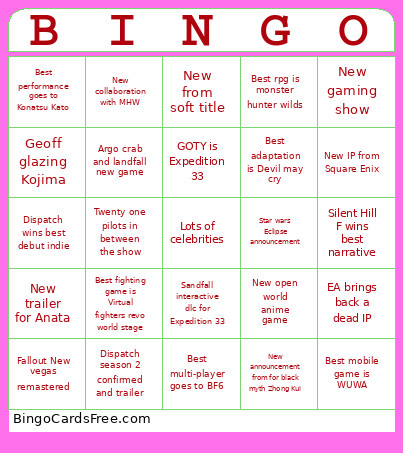 Game Awards 2025 Bingo Card 2