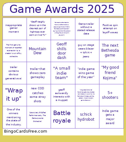Game_awards_2025 Bingo Card