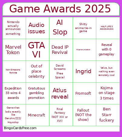 Game Awards 2025 Bingo Cards