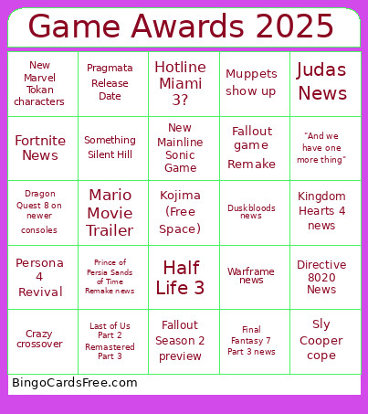 Game Awards 2025 Bingo Card 3