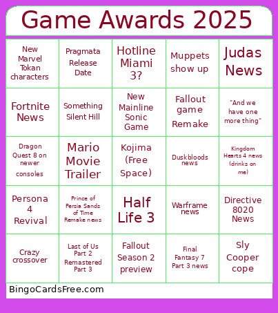 Game Awards 2025 Bingo Card 2