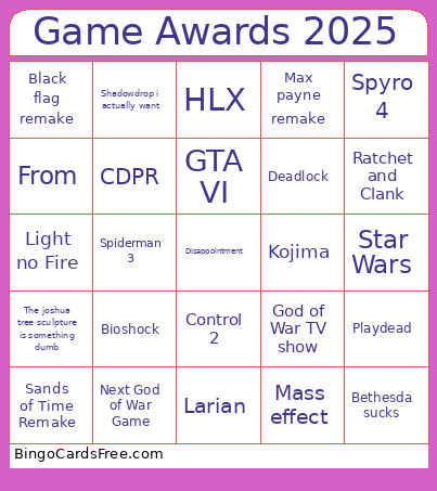 Game Awards 2025 Bingo Card