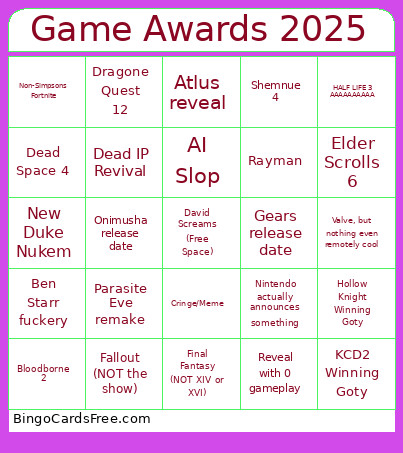 Game Awards 2025 Bingo Card