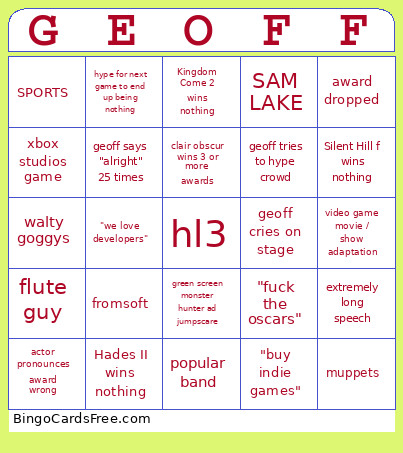 Game Awards 2025 Bingo Card