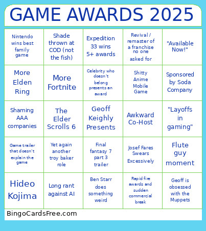 GAME AWARDS 2025 Bingo Card
