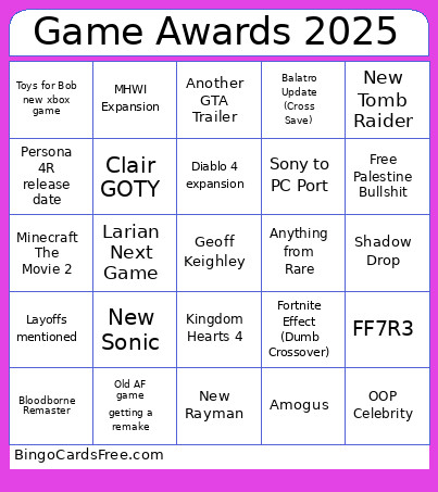 Game Awards 2025 Bingo Card