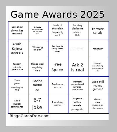 Game Awards 2025 Bingo Card