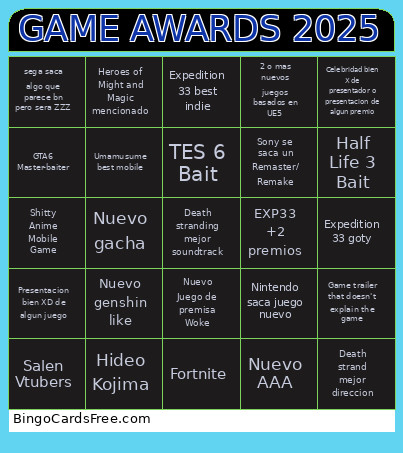 GAME AWARDS 2025 Bingo Card 2