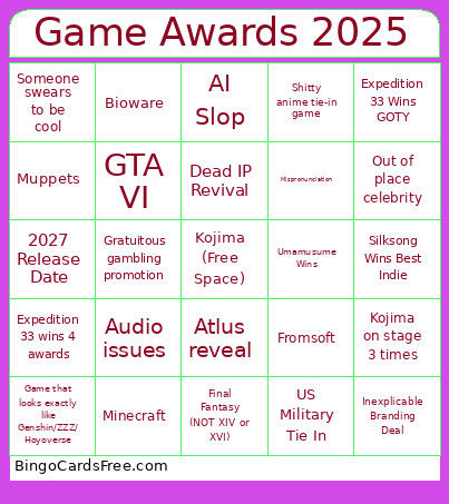 Game Awards 2025 Bingo Card 4