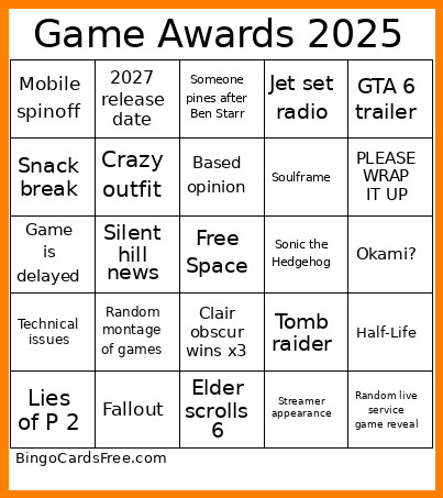 Game Awards 2025 Bingo Card 3