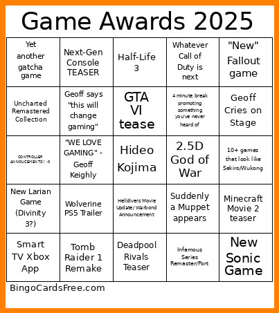 Game Awards 2025 Bingo Card 2