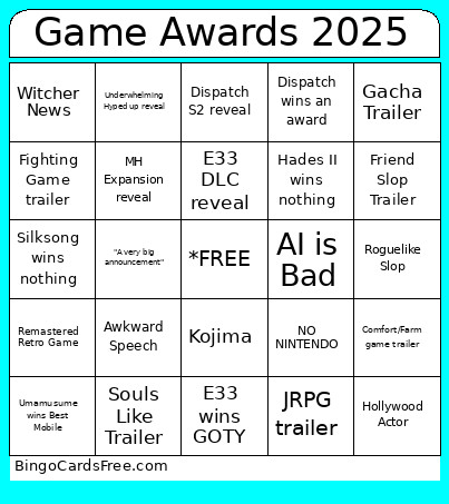 Game Awards 2025 Bingo Card