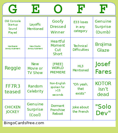 Game Awards 2025 Bingo Card