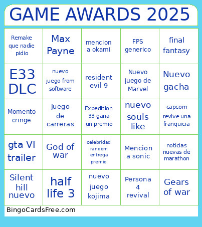 Game Awards 2025 Bingo Card