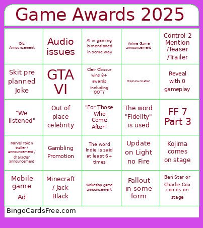 Game Awards 2025 Bingo Card 5