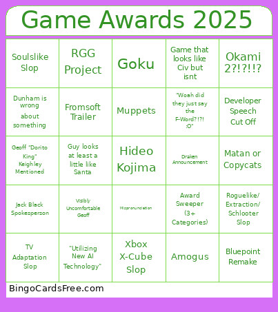 Game Awards 2025 Bingo Card 4