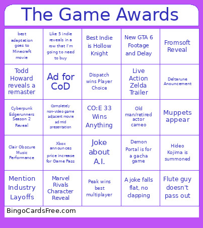 GAME AWARDS 2025 Bingo Card 4