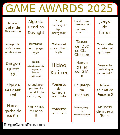 GAME AWARDS 2025 Bingo Card