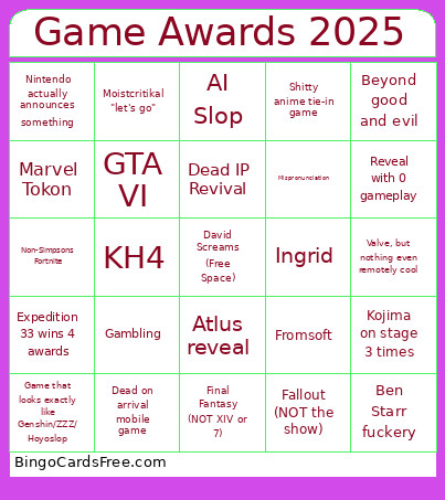 Game Awards 2025 Bingo Card