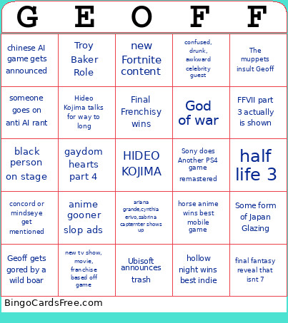 Game Awards 2025 Bingo Card