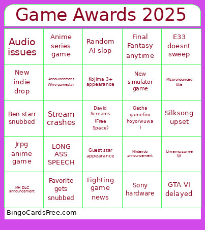 Game Awards 2025 Bingo Card 3