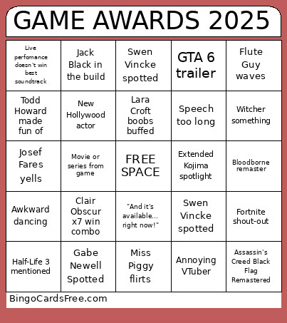 GAME AWARDS 2025 Bingo Card 2