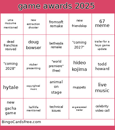 Game Awards 2025 Bingo Card 2
