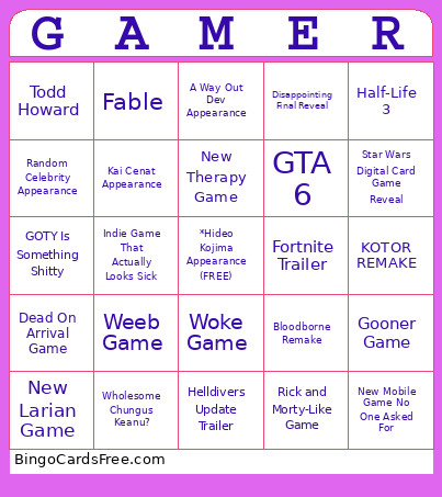 Game Awards 2025 Bingo Card