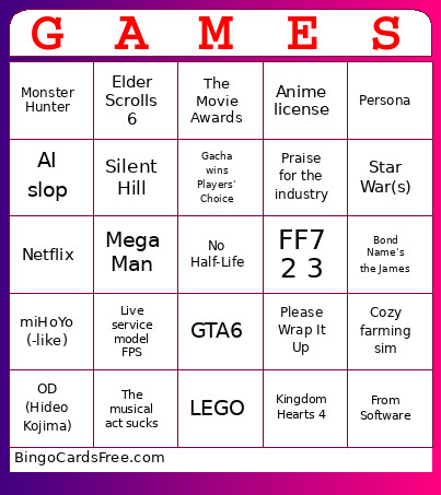 Game Awards 2025 Bingo Card
