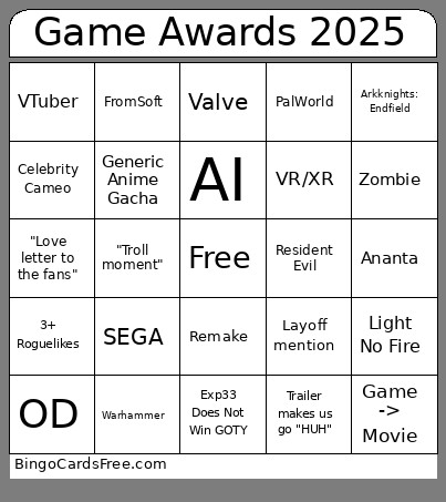 Game Awards 2025 Bingo Card 3