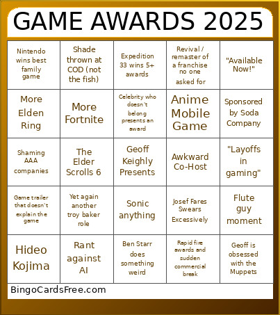 Game Awards 2025 Bingo Card 2