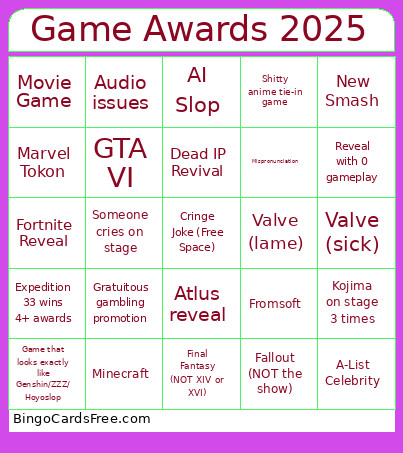 Game Awards 2025 Bingo Card 4