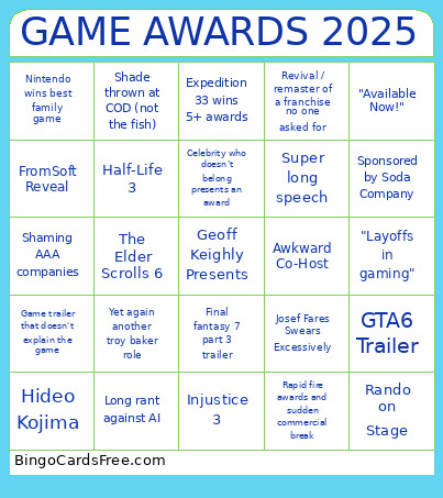 Game Awards 2025 Bingo Card