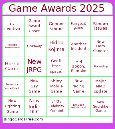 Game Awards 2025 Bingo Card 2