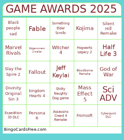 GAME AWARDS 2025 Bingo Card