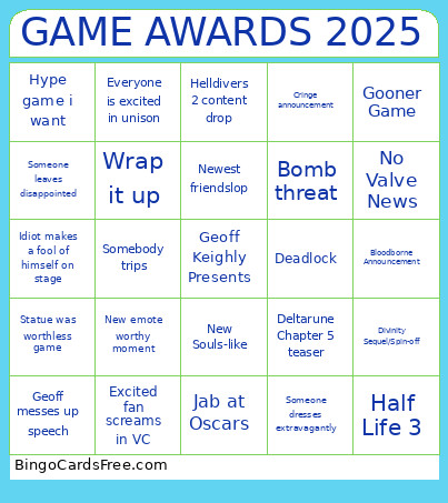 GAME AWARDS 2025 Bingo Card