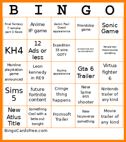 Game Awards 2025 Bingo Card 2